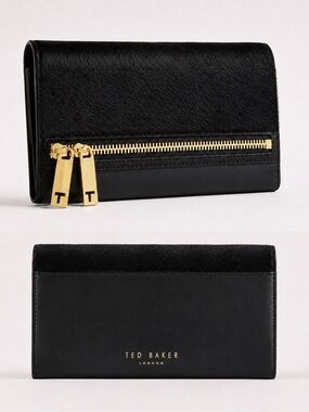 Ted Baker Black Clutch with Gold Hardware and Faux Fur